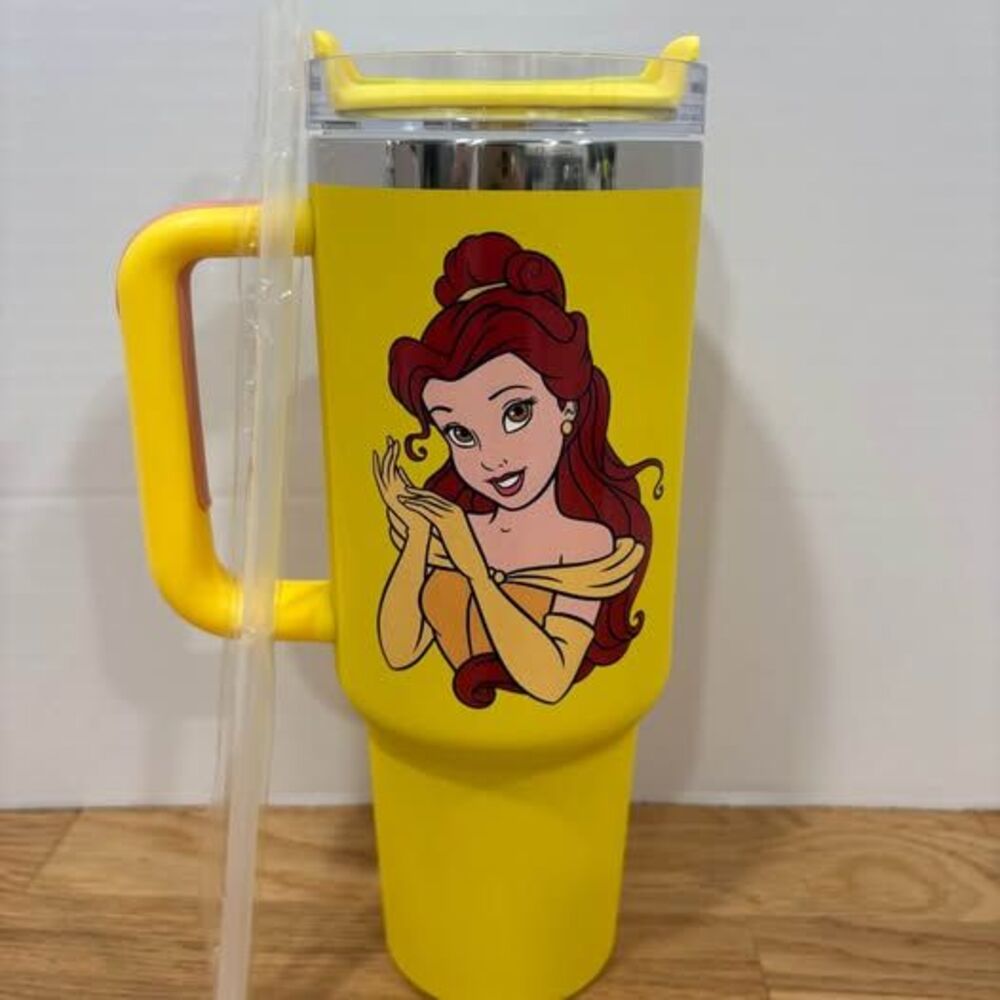 Princess Belle 40 oz Yellow Tumbler with Handle Lid and Straw New